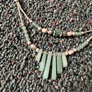 Vintage Pastel Green Jade Stone Double Tiered Layered Artisan Silver Necklace